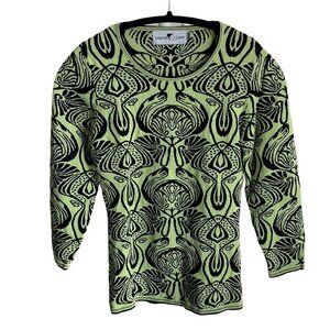 Tanya Lam Top 3/4 Length Sleeves Green Black Floral Pattern Stretch Womens Small